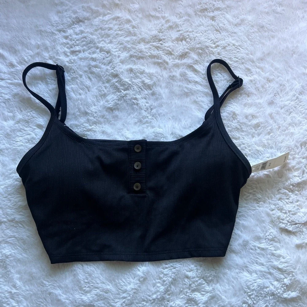 Aerie Women's Black Ribbed Scoop Neck Henley Bikini Top 2976-073 Size XS NWT